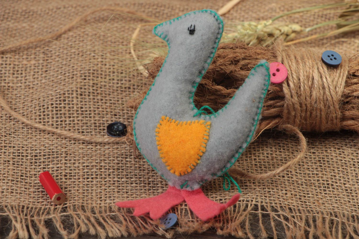 Handmade decorative wall hanging soft toy sewn of felt small gray goose photo 1