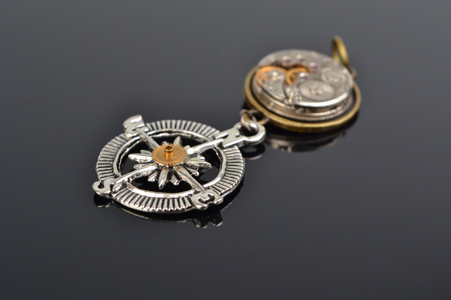 Handmade metal pendant with clock mechanism in steampunk style Compass and Time photo 1