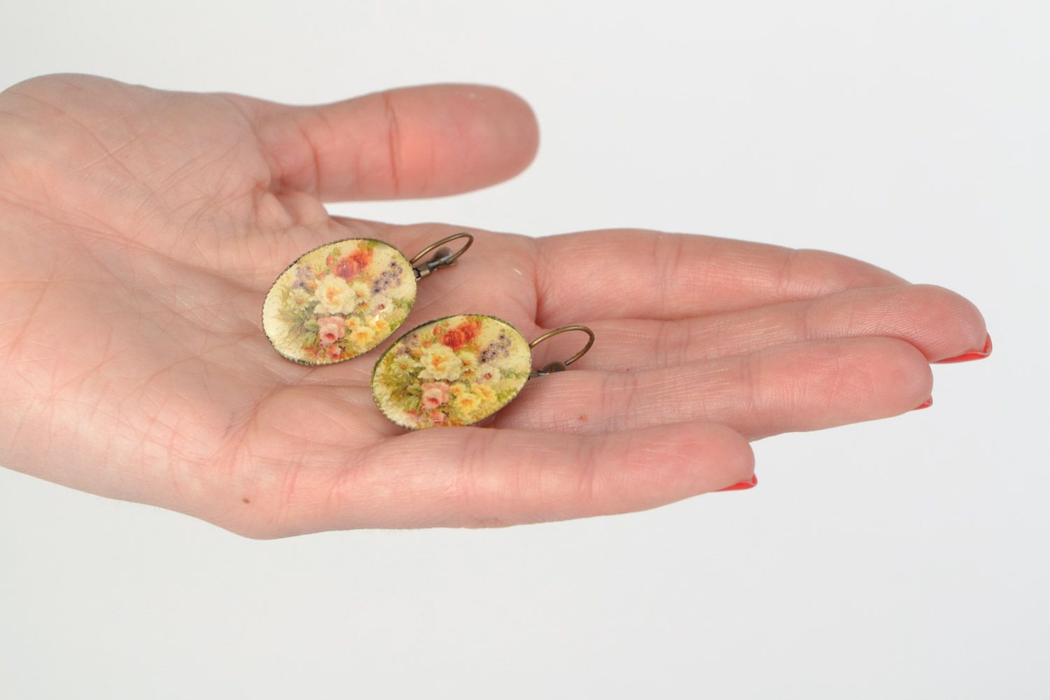 Овальные цветочные винтажные серьги из ювелирной смолы ручной работы Осень фото 2