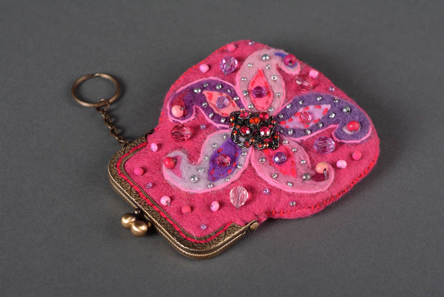 Porte-monnaie fait main original Accessoire en laine rose Cadeau femme photo 5