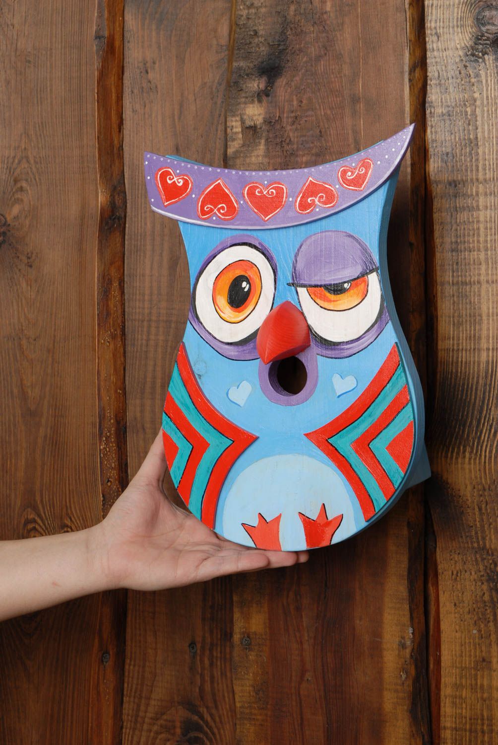 Handmade wooden nest box in the shape of owl photo 2
