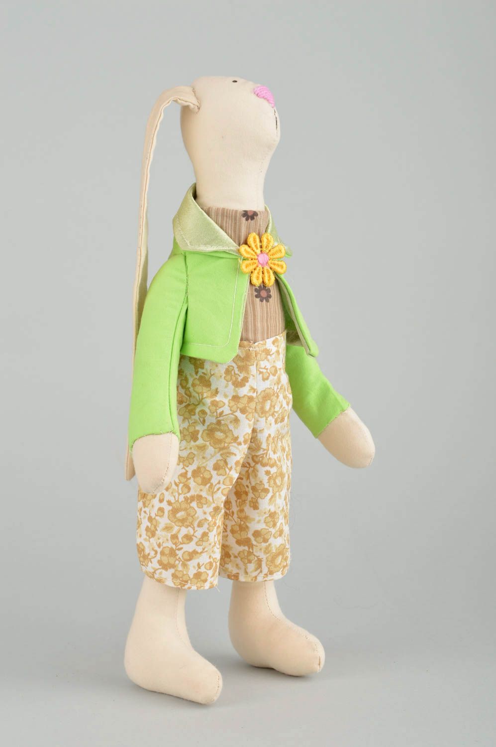 Handmade designer cotton fabric soft toy rabbit in light green jacket photo 2