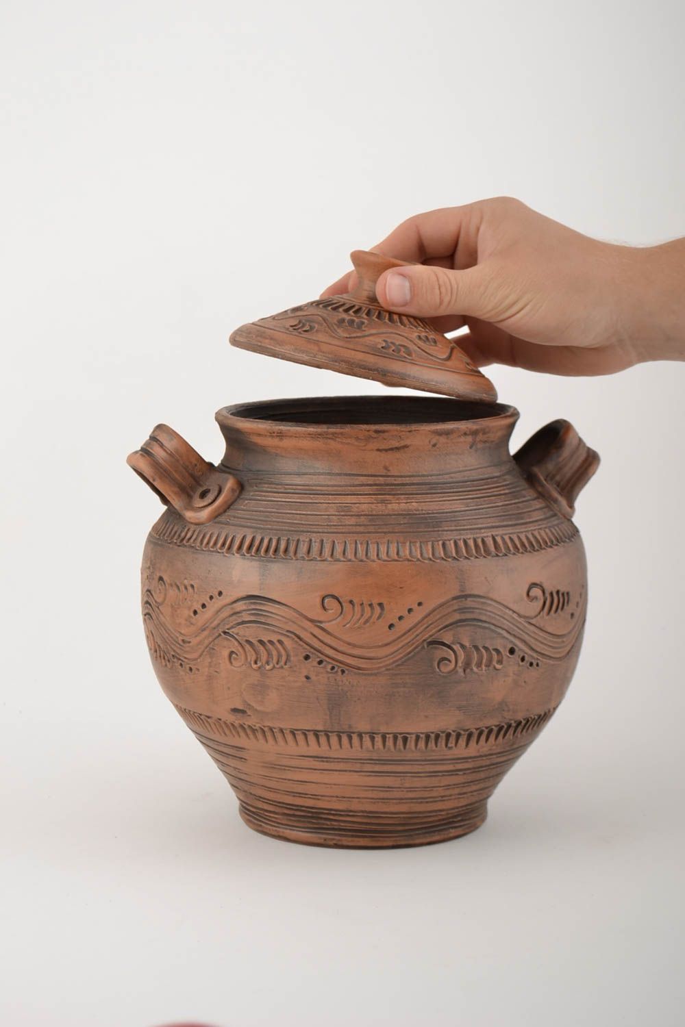 Beautiful large handmade ceramic pot molded of gray clay 3 l photo 3