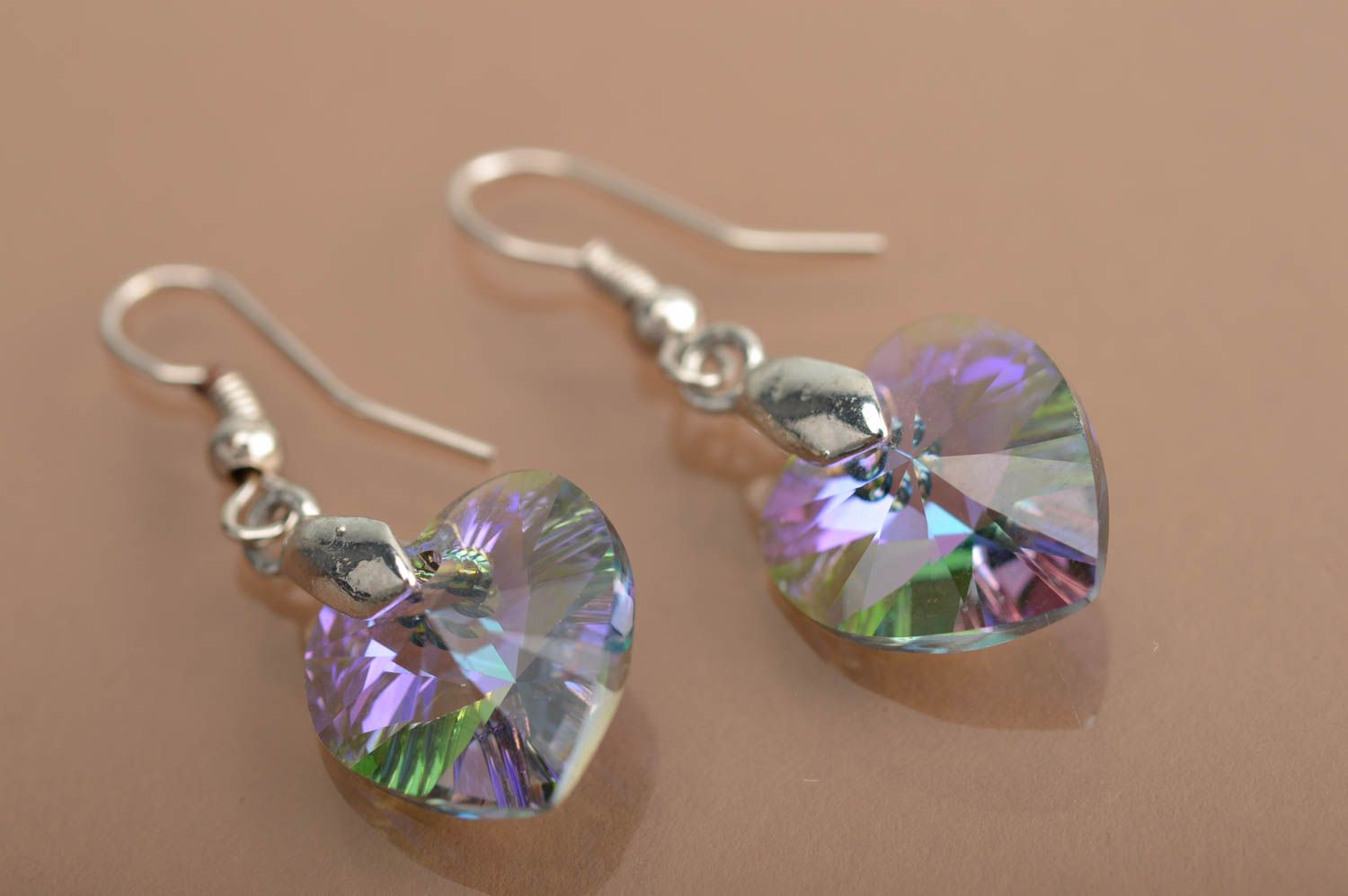 Handmade beautiful earrings with Austrian stones in shape of hearts for girls photo 1