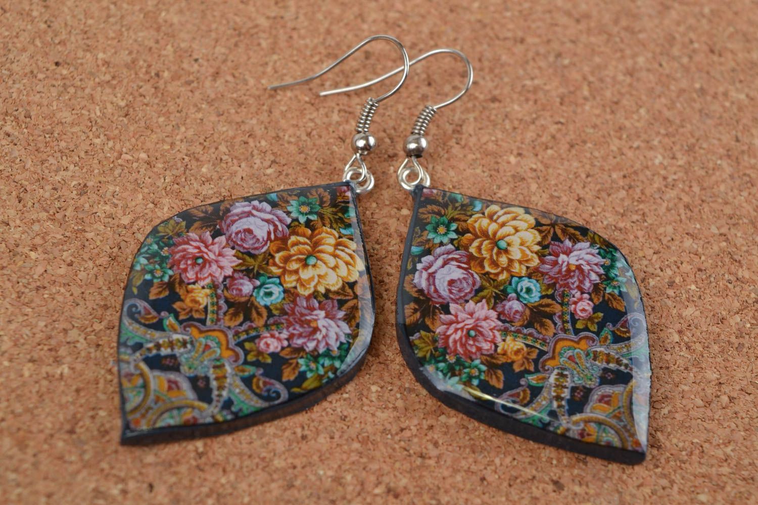 Beautiful handmade polymer clay earrings with decoupage Flowers photo 1