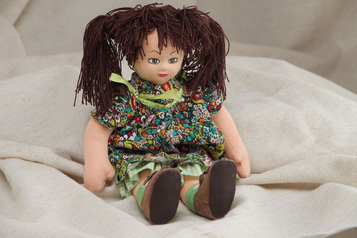Handmade designer fabric soft doll in colorful dress for girls photo 1