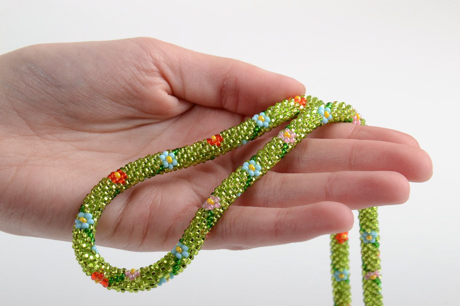 Beautiful bright women's handmade beaded cord necklace of lime color photo 5