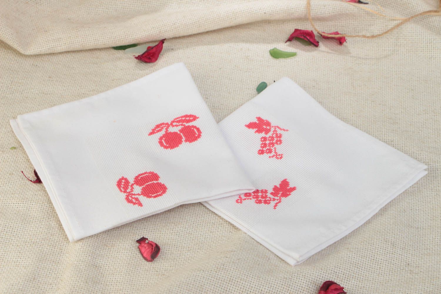 Set of 2 handmade decorative white napkins with cross stitch embroidery Cherry photo 1