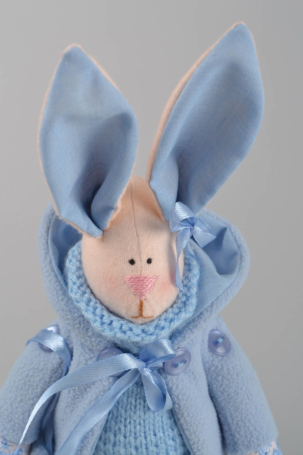 Handmade designer soft toy beige rabbit in blue fleece coat for interior decor photo 4
