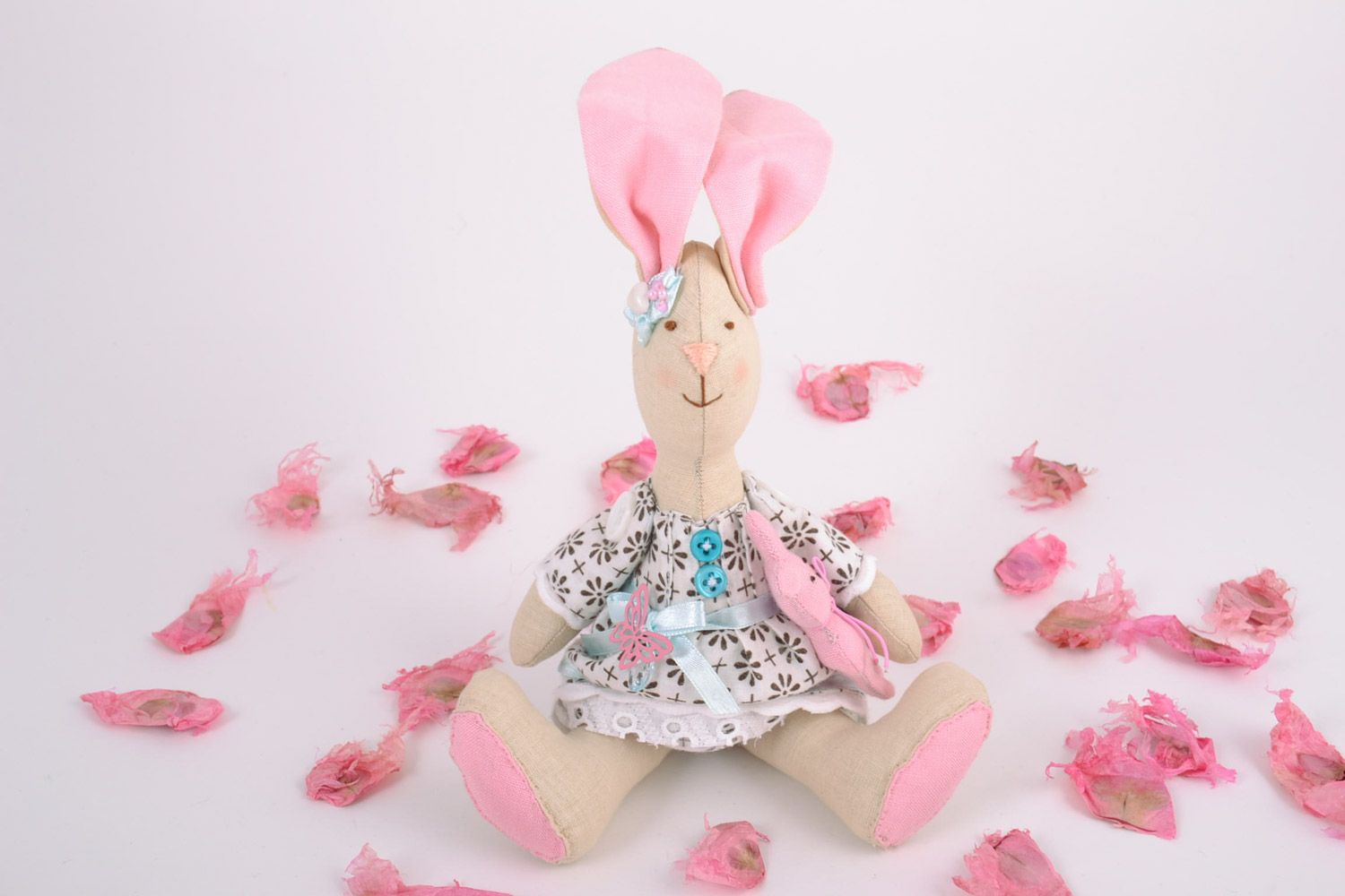 Cute handmade soft toy sewn of cotton fabric tender pink rabbit for little girl photo 1