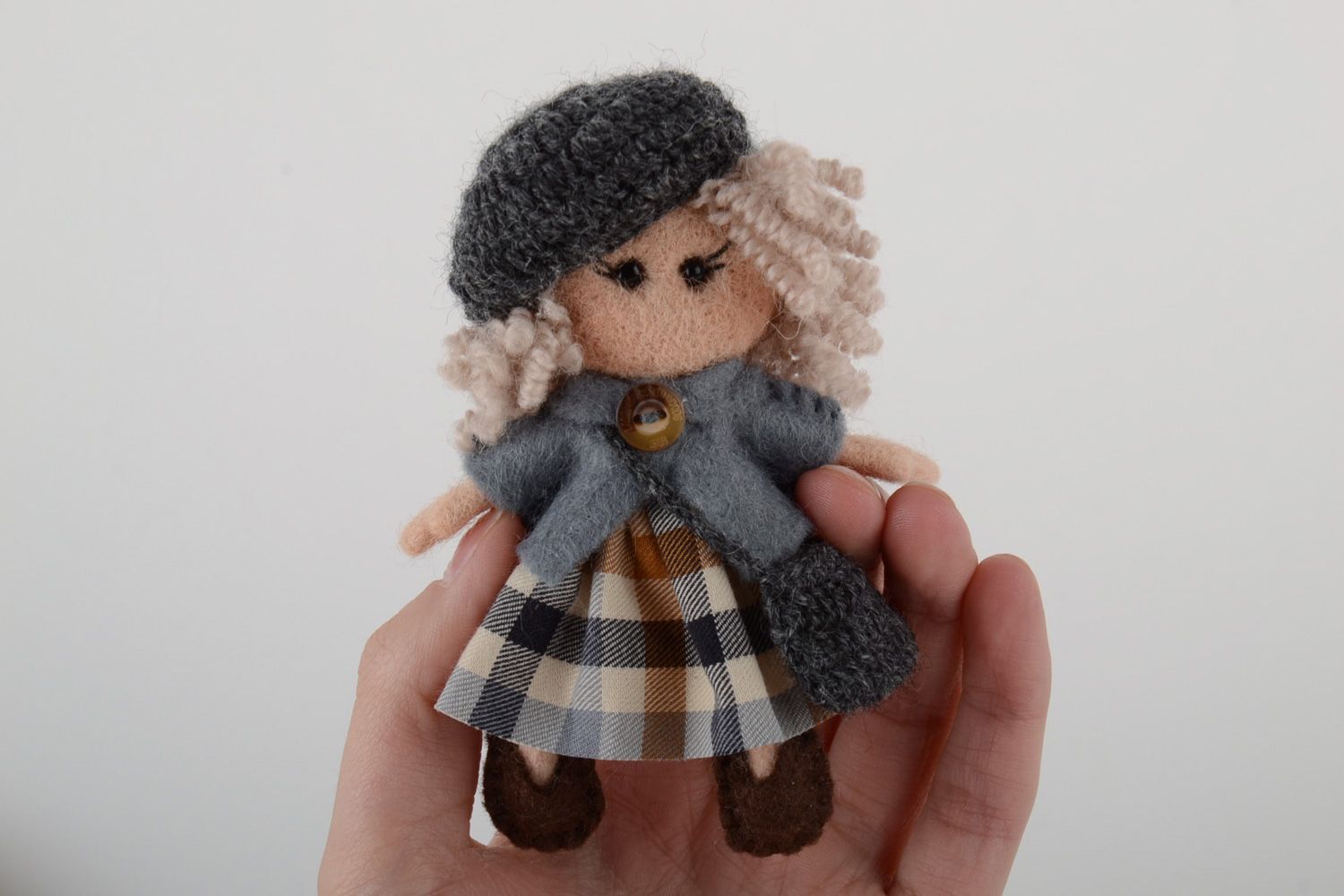 Handmade small felted wool toy doll in dress photo 5
