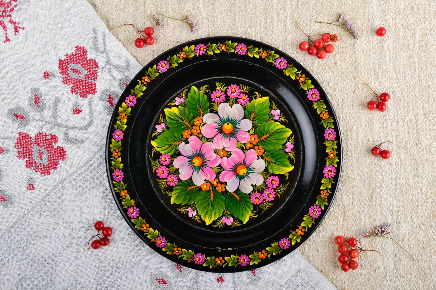 Assiette décorative Décoration en bois fait main Vaisselle déco noire ronde photo 1