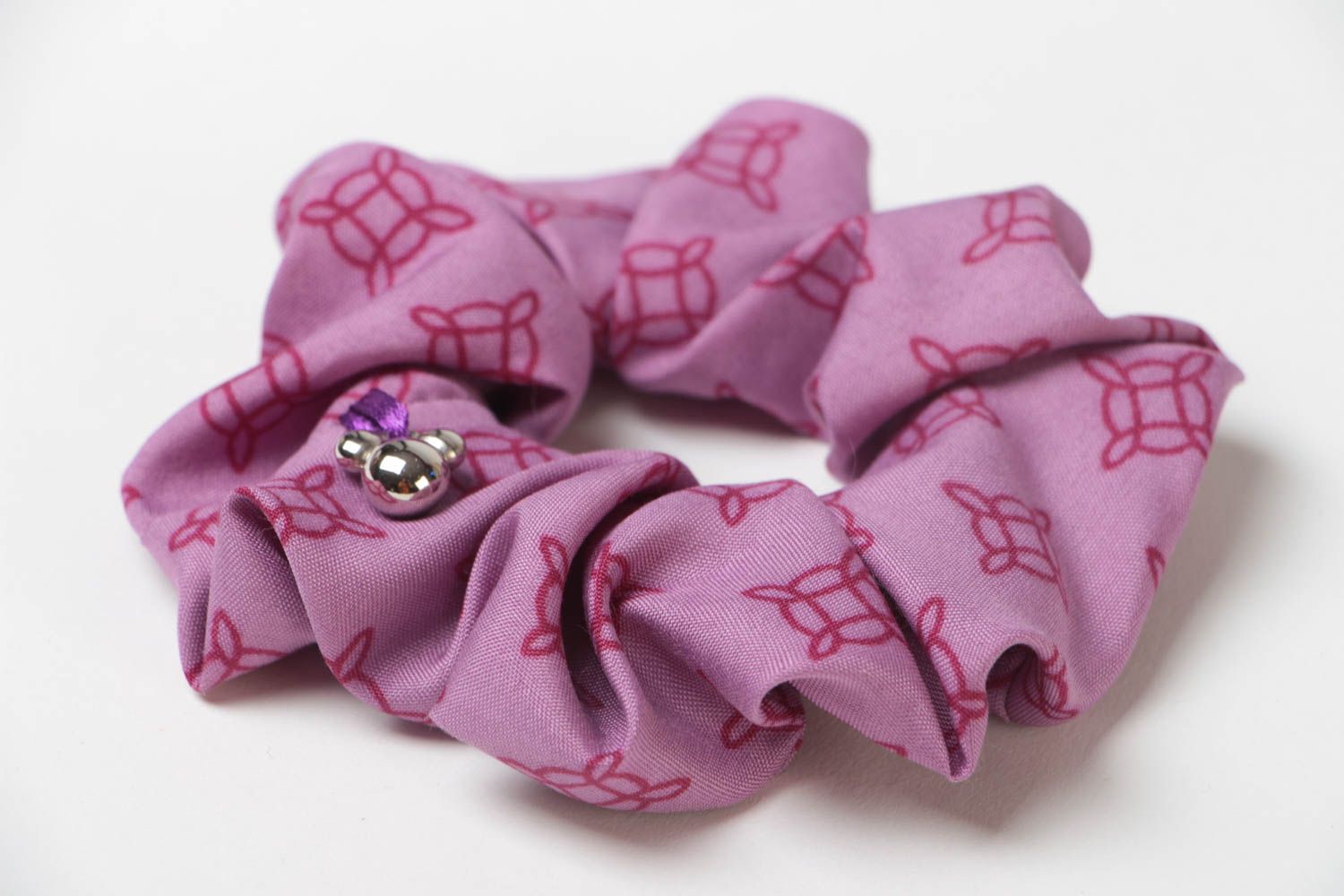 Handmade designer hair tie sewn of blended fabric of violet color with print photo 3
