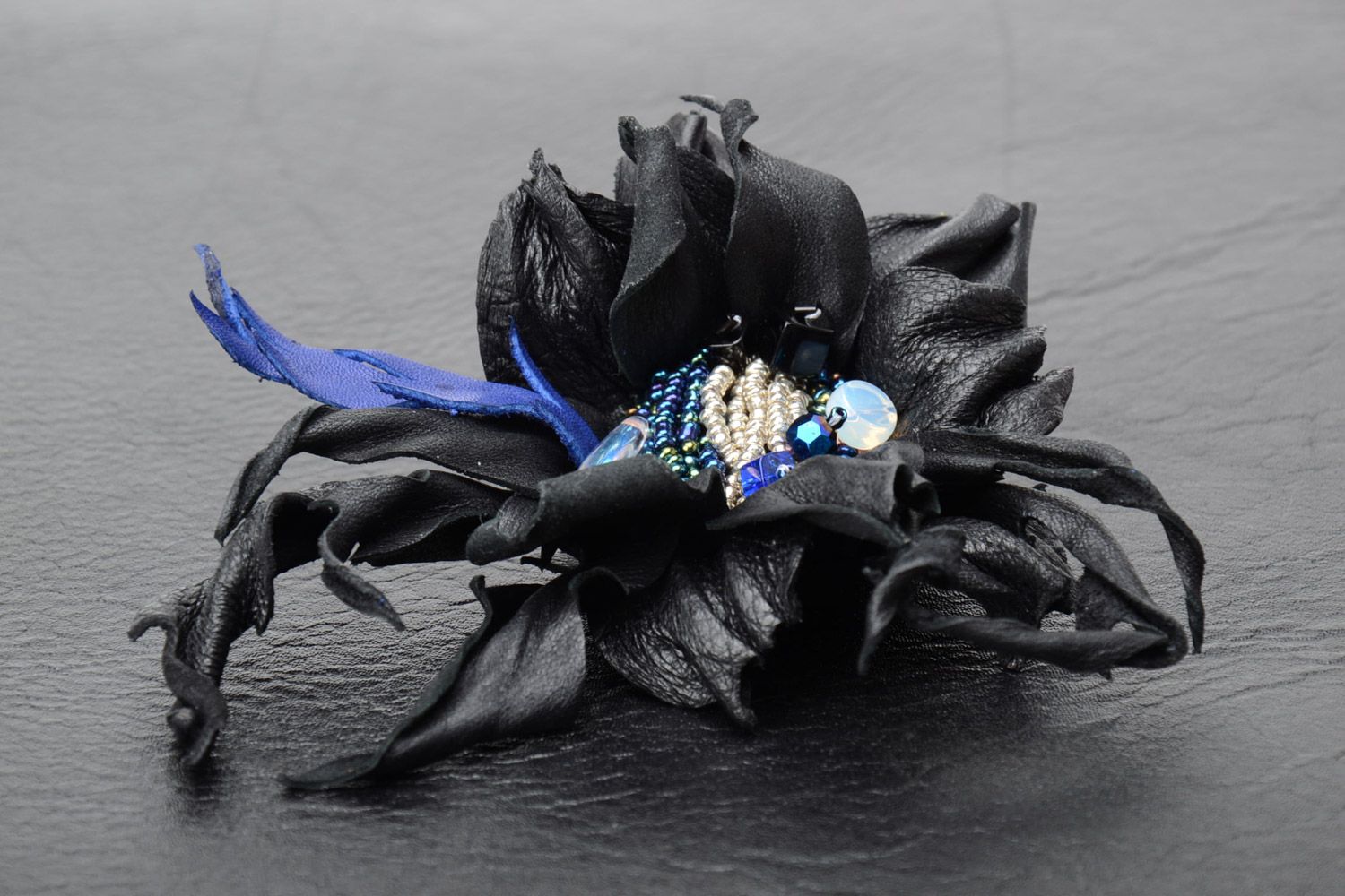 Handmade genuine leather volume flower brooch of black color with beads  photo 1