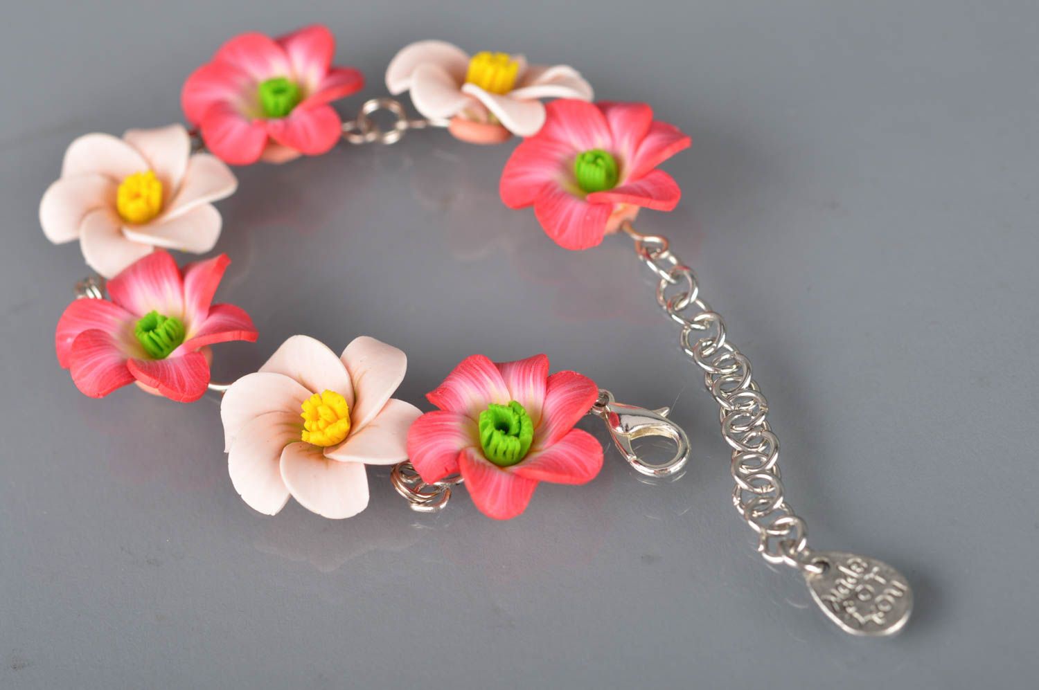 Thin designer polymer clay bracelet with flowers handmade accessory on chain photo 1