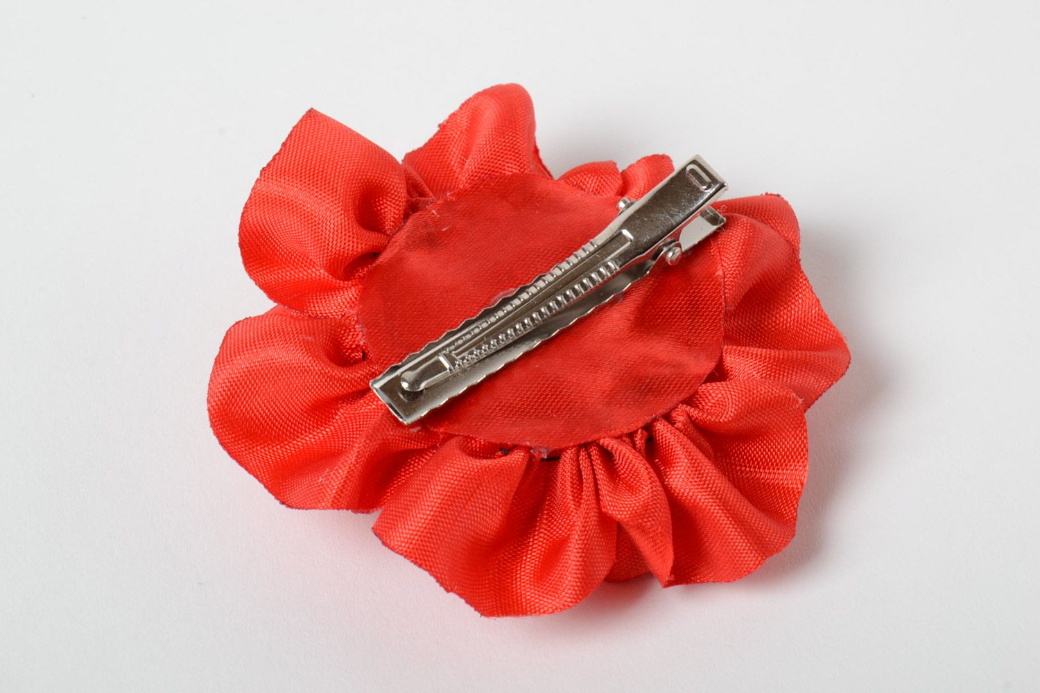 Handmade hair clip with bright red satin poppy flower for passionate girls photo 5