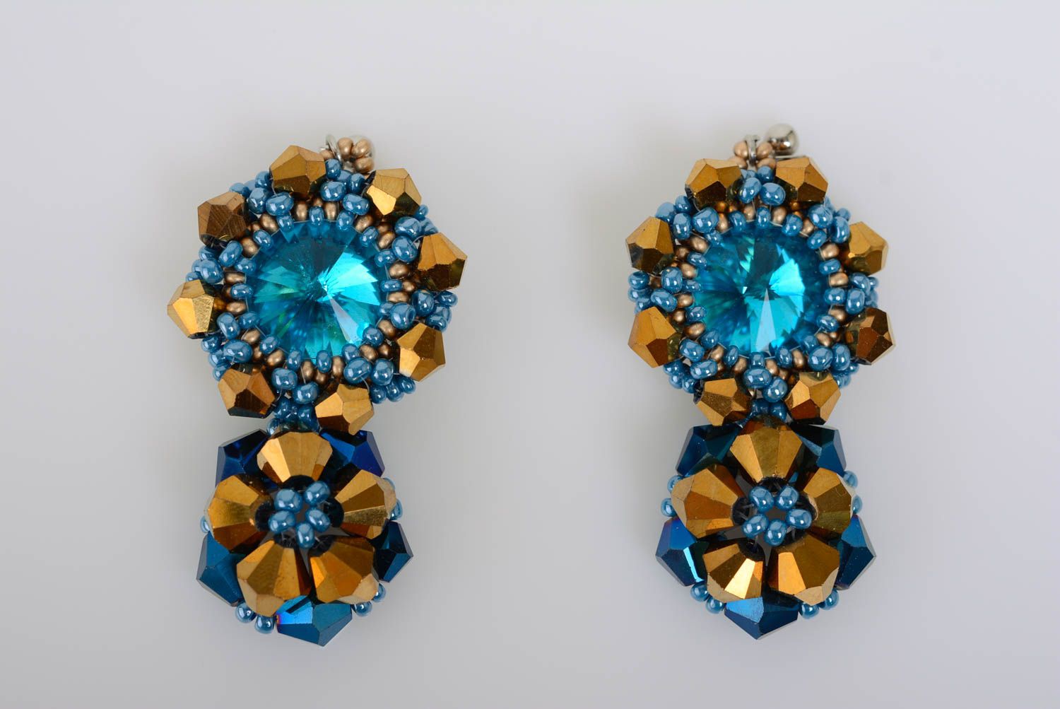 Handmade beautiful beaded earrings with blue elements evening accessory photo 1