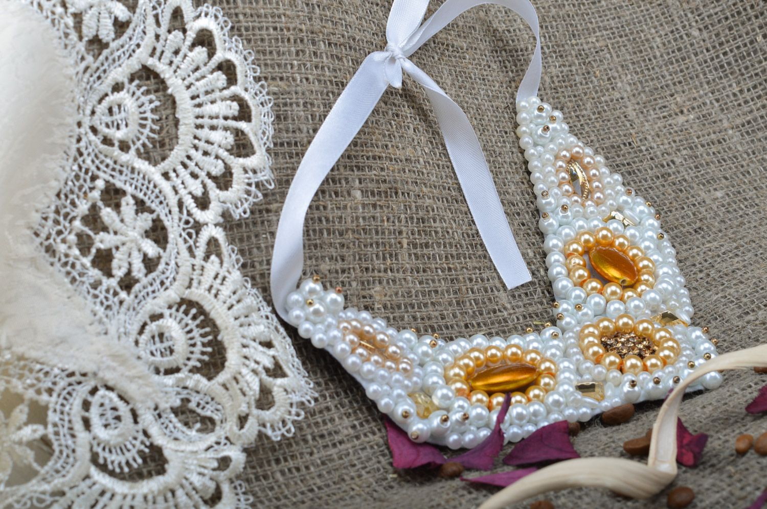 Massive handmade white bead embroidery necklace with yellow rhinestones Marylin photo 4
