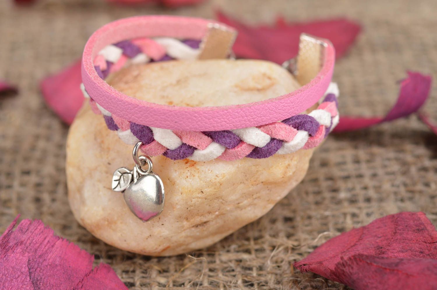 Handmade pink and violet genuine leather cord bracelet with metal apple charm photo 1