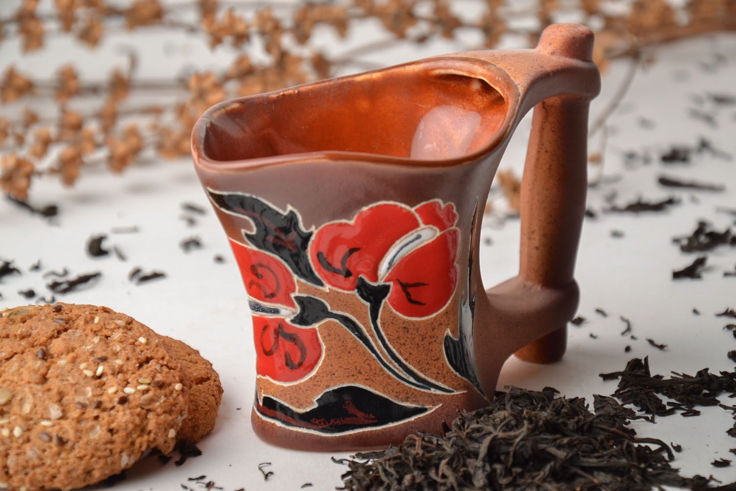 8 oz art porcelain clay coffee or tea drinking cup with a wide handle and floral pattern photo 1