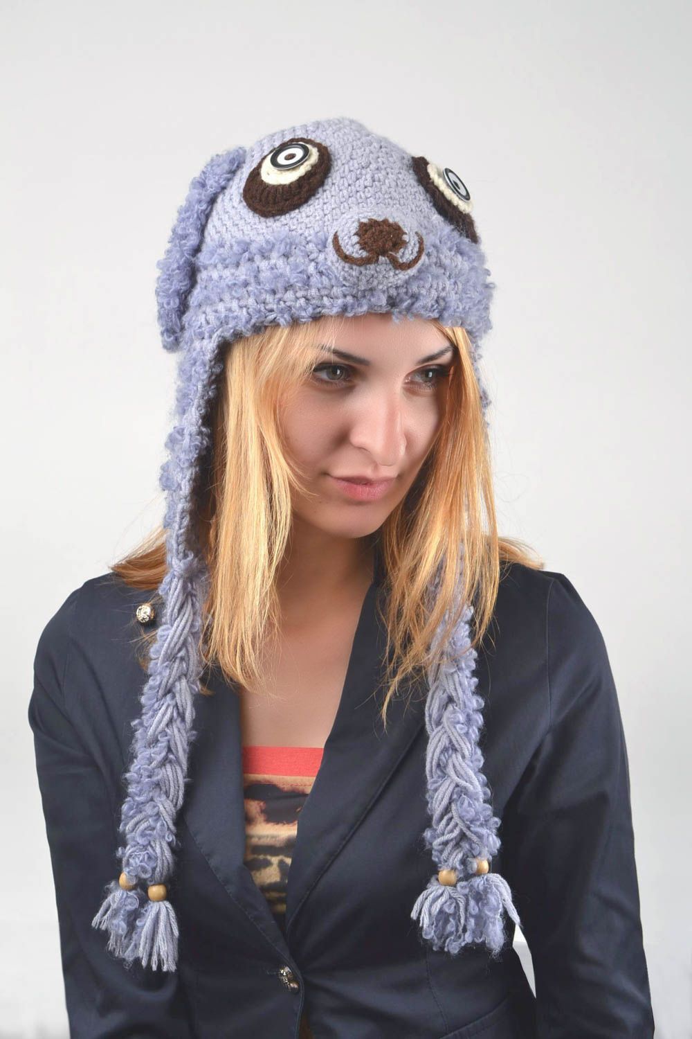 Funny handmade cap knitted winter cap headwear made of natural wool cute cap photo 2