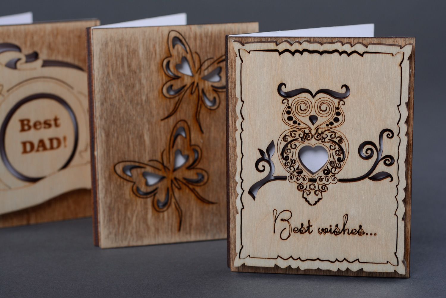 Belle carte de voeux en bois faite main avec hibou gravure laser originale photo 5