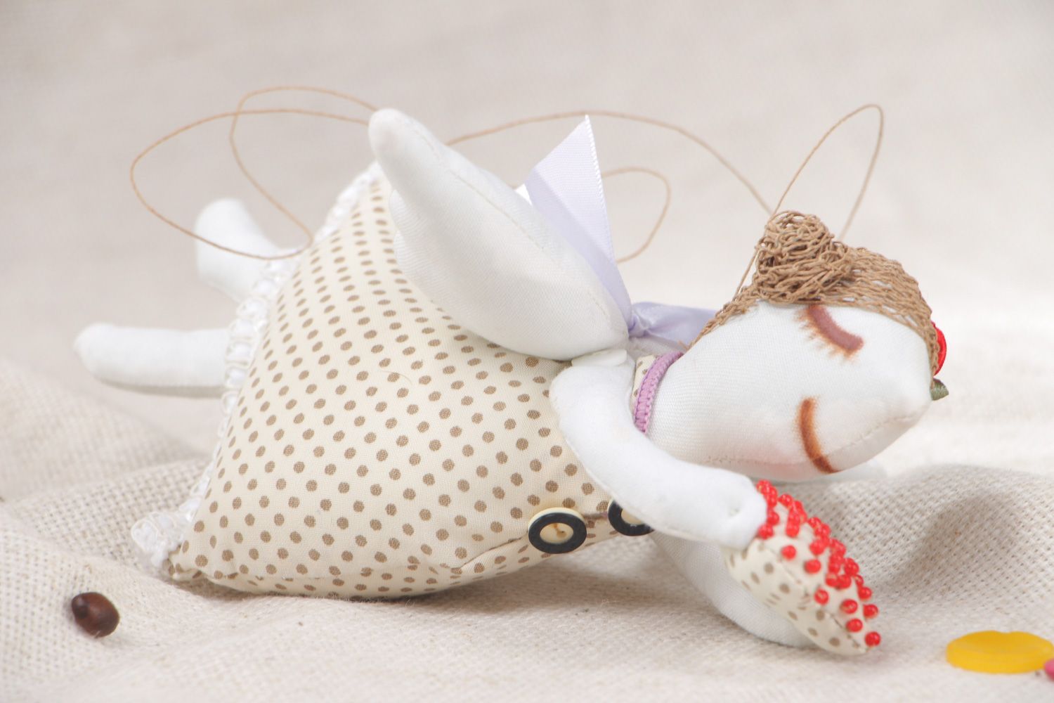 Handmade soft toy with sewn of cotton and linen fabrics with eyelet Sleepy Angel  photo 5