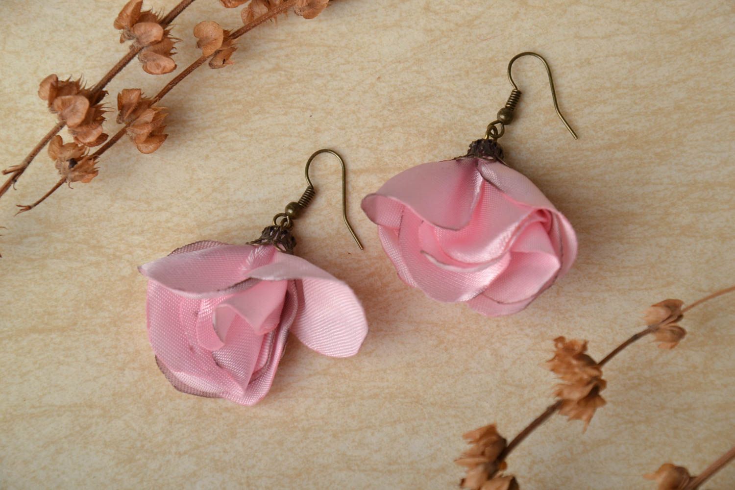 Floral earrings made of satin ribbons photo 1