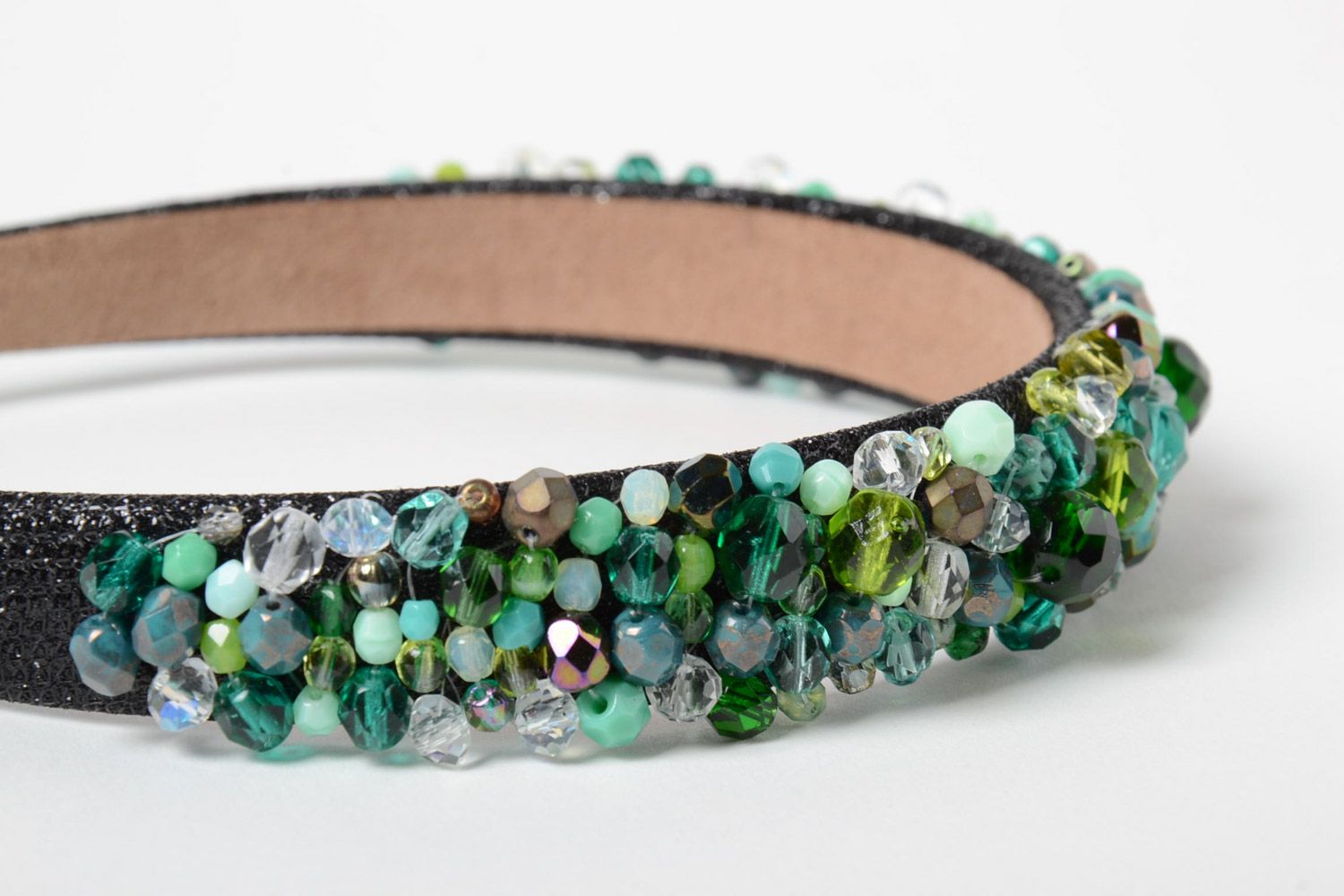 Festive handmade leather headband with beads of green color photo 3