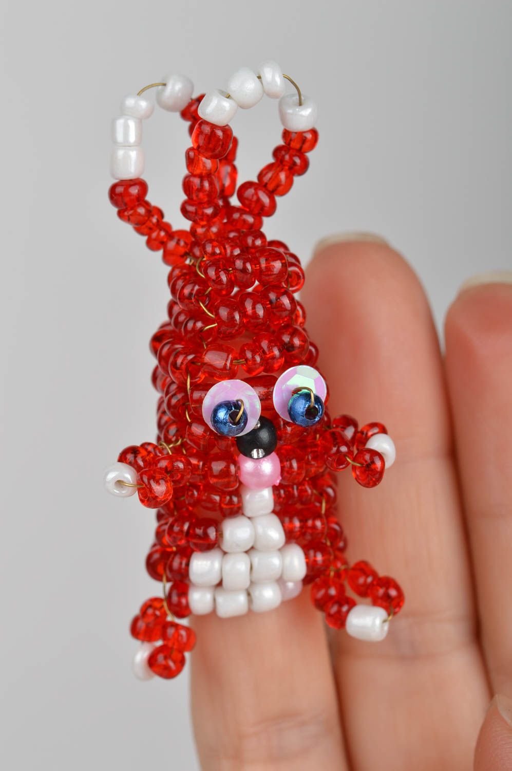 Funny unusual cute rabbit made of beads handmade red finger doll for kids photo 5