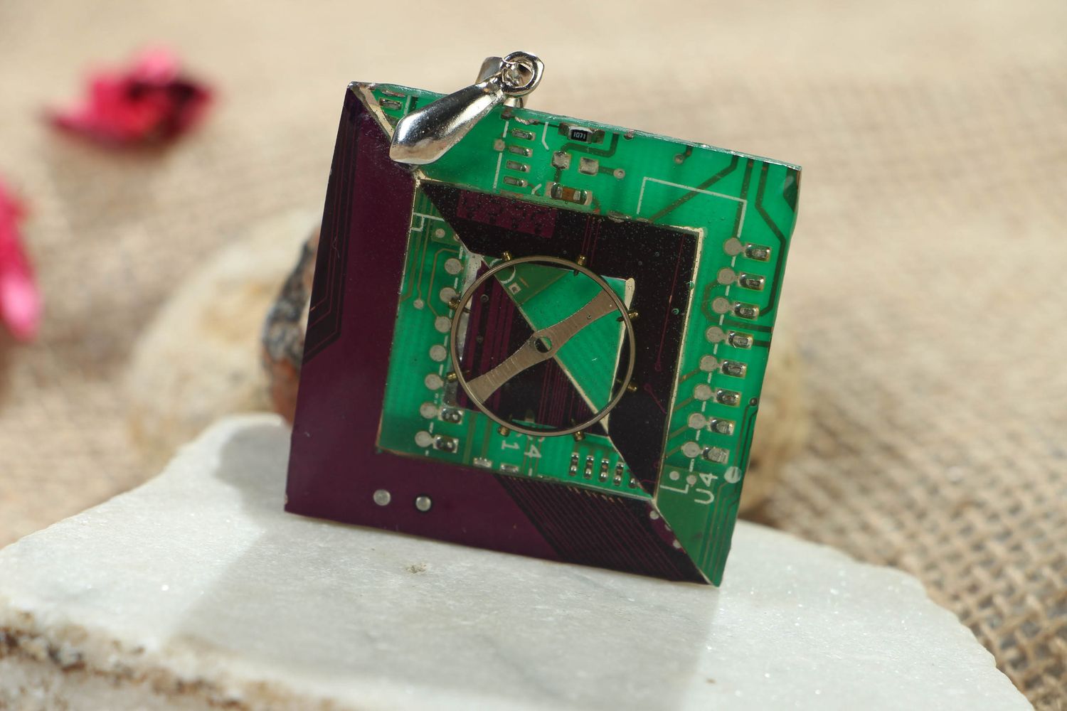 Square cyberpunk pendant with microchips photo 5