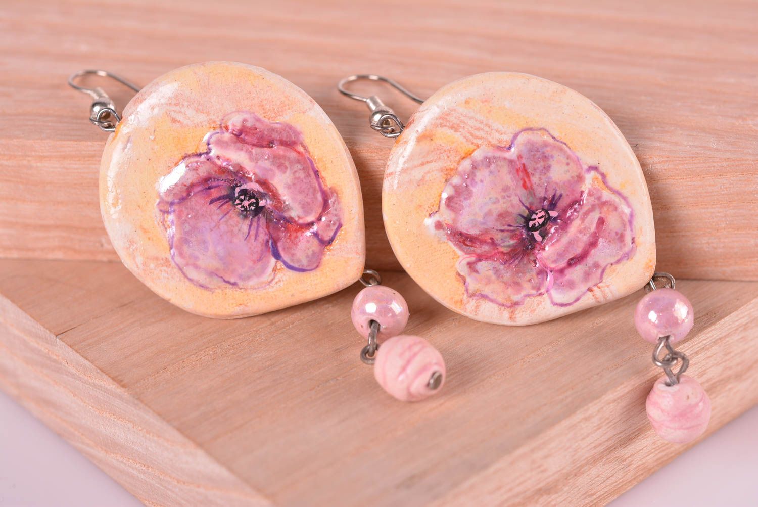 Jewelry handmade earrings long earrings with painted flowers designer gift photo 3