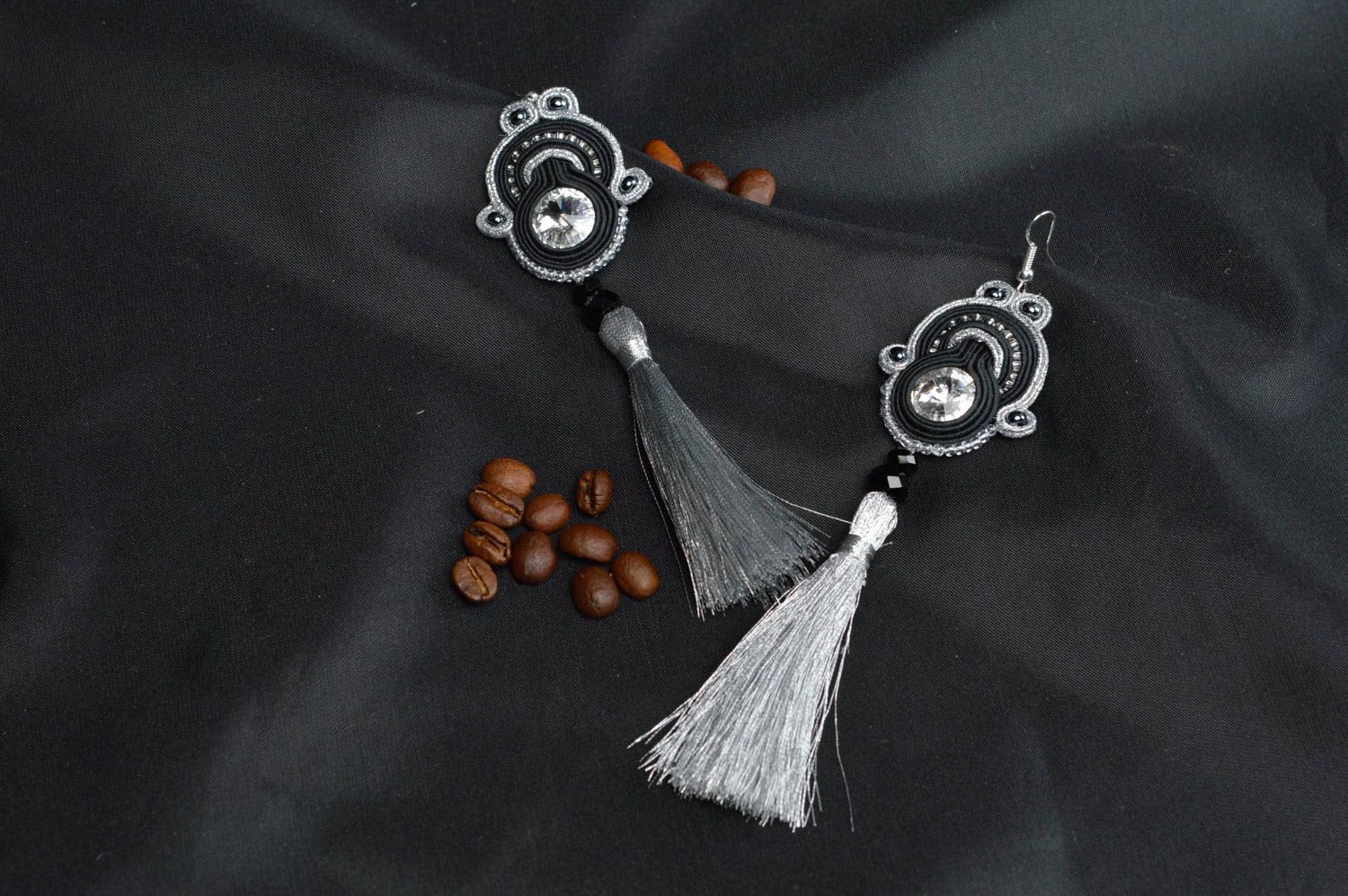 Handmade black and white soutache earrings with tassels designer accessory photo 1