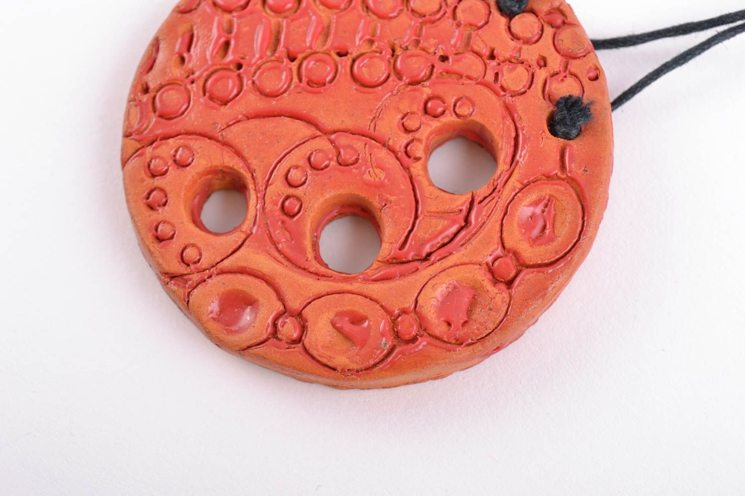 Handmade clay pendant round orange accessory with ornament on long cord photo 3
