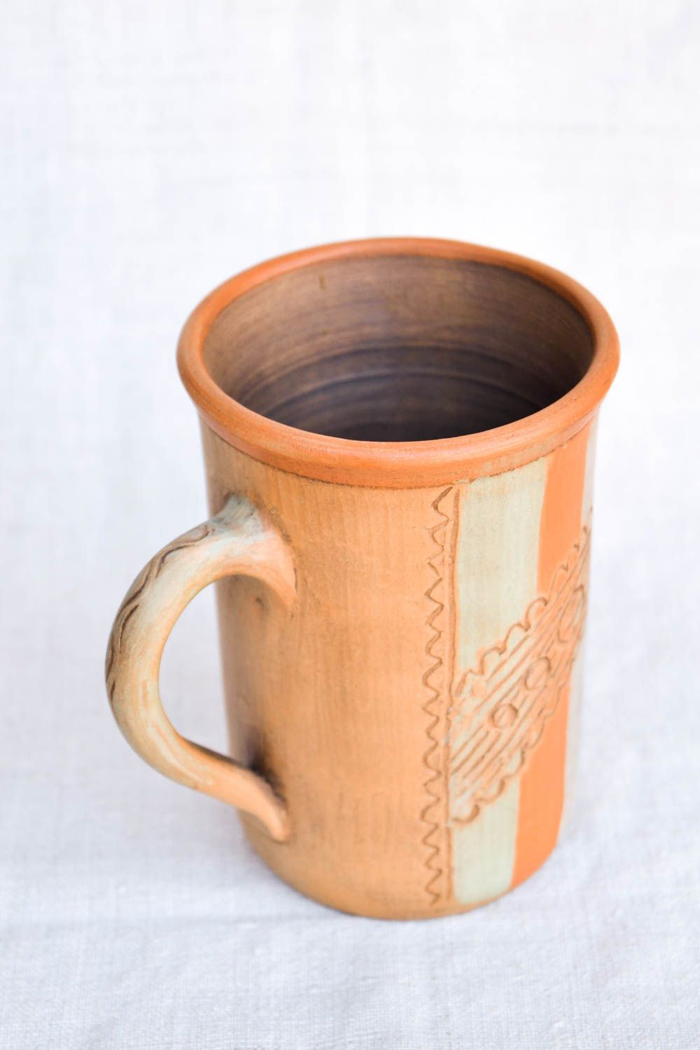 Tall red clay drinking cup with handle and Italian classic style colors photo 5