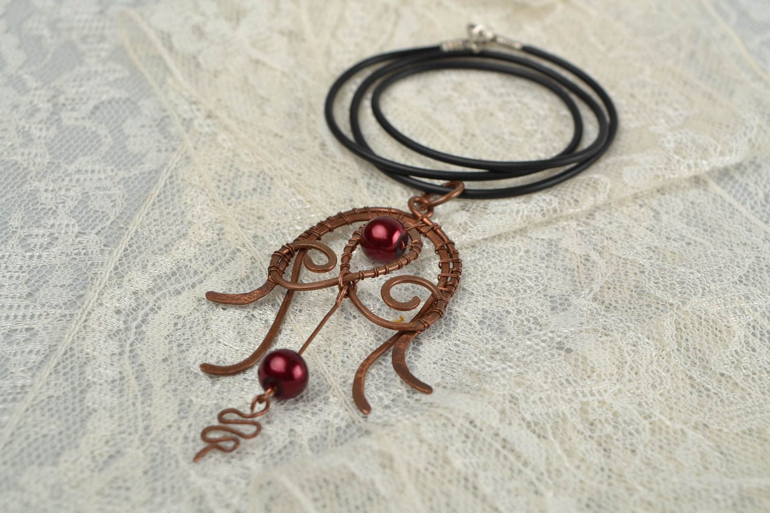 Beautiful handmade designer wire wrap copper necklace with beads on rubber cord photo 1
