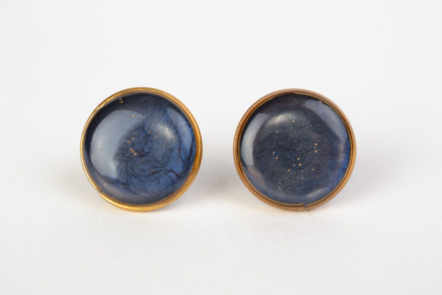 Handmade small stud earrings with jewelry glaze of dark blue color for women photo 3
