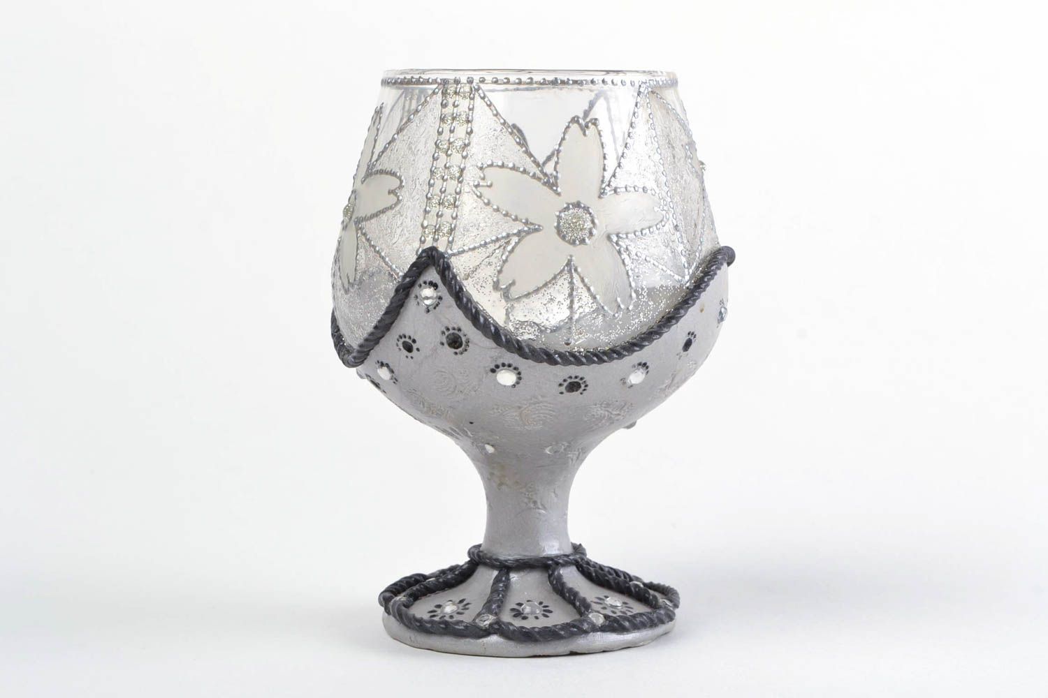 Bemalter Kerzenhalter aus Glas handmade Schmuck für Interieur grau mit Blumen foto 3