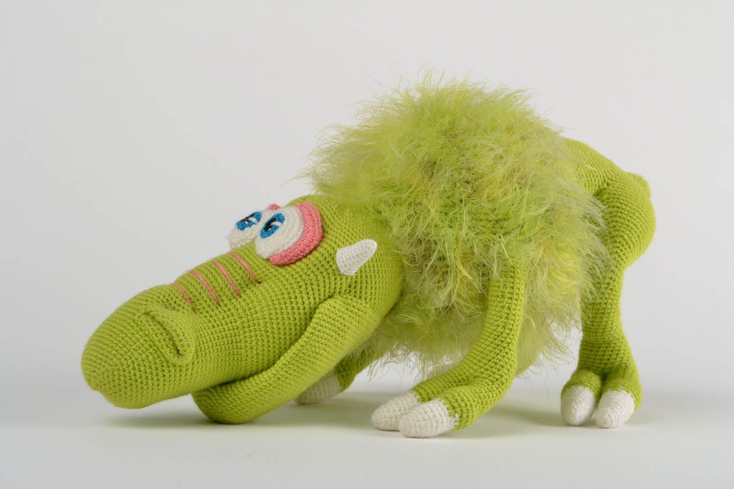 Soft crocheted handmade toy for children funny green Gragomot interior decor  photo 4