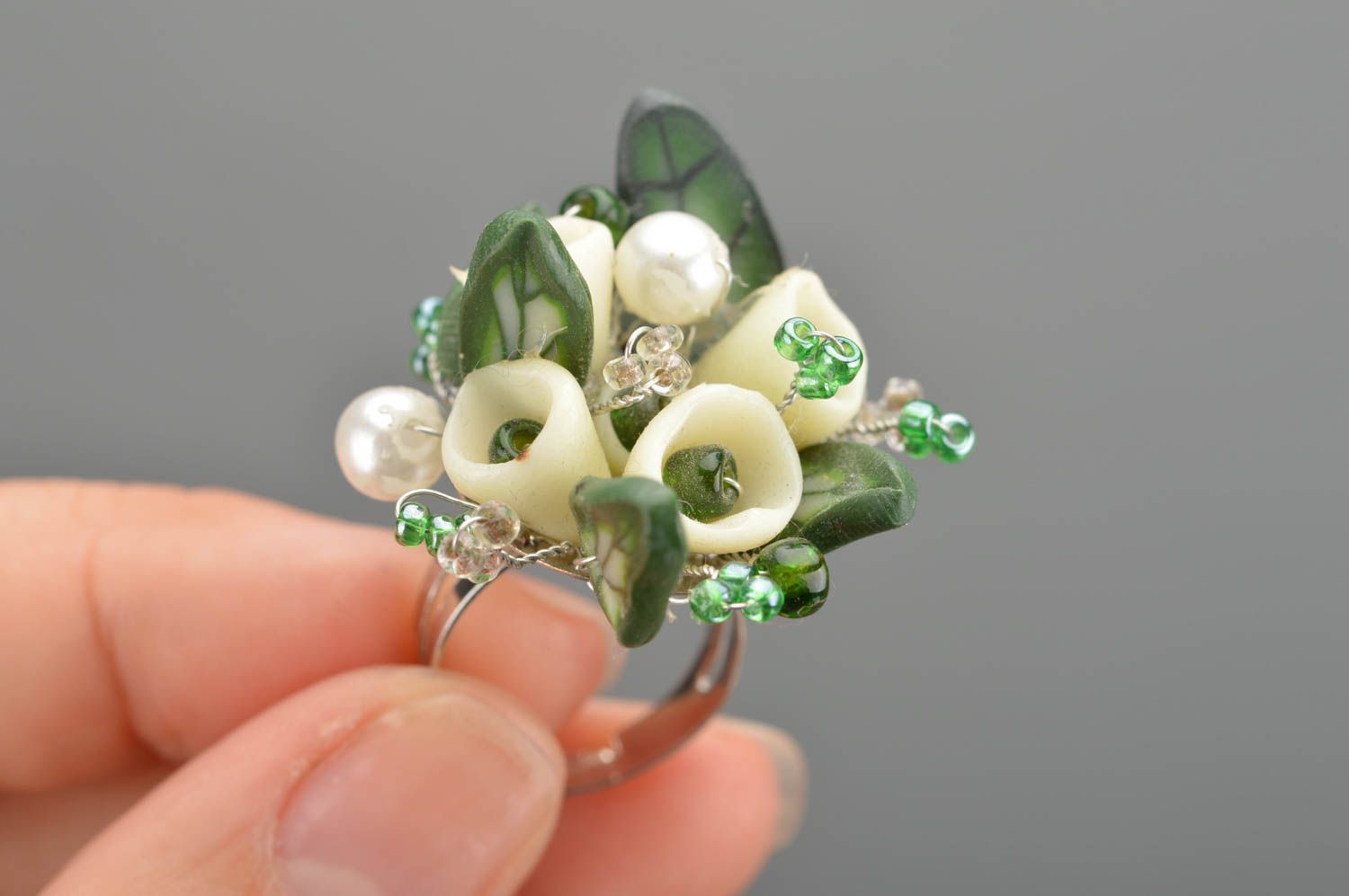 Designer polymer clay handmade ring bouquet of snowdrops with adjustable size photo 2