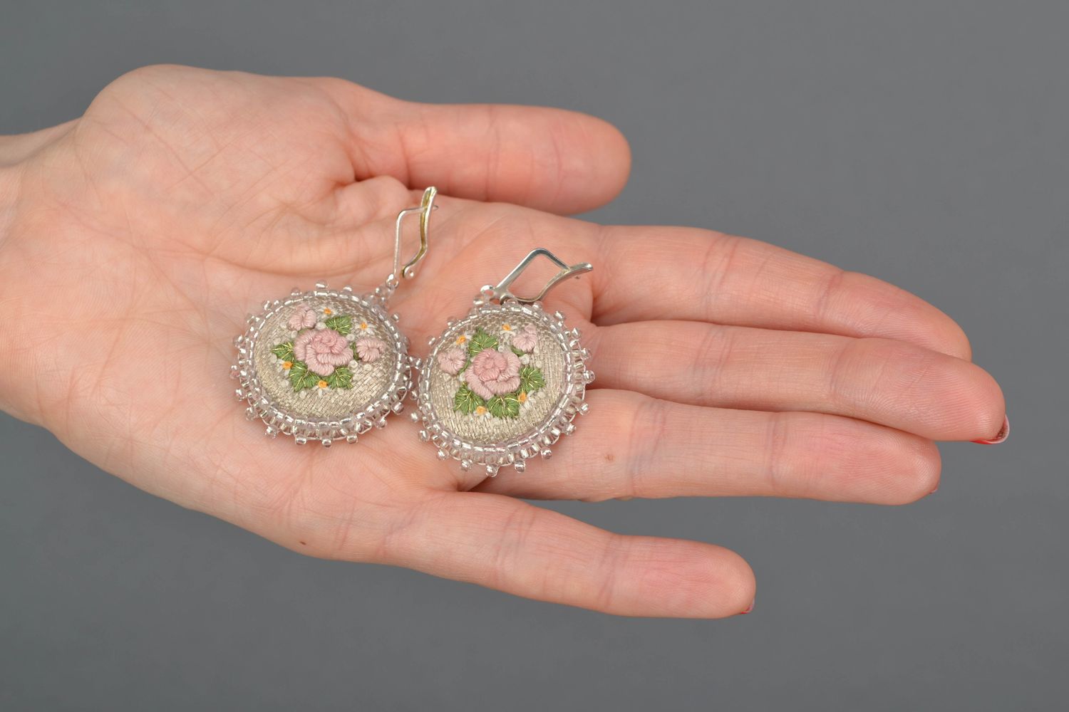 Round earrings with volume embroidery photo 2