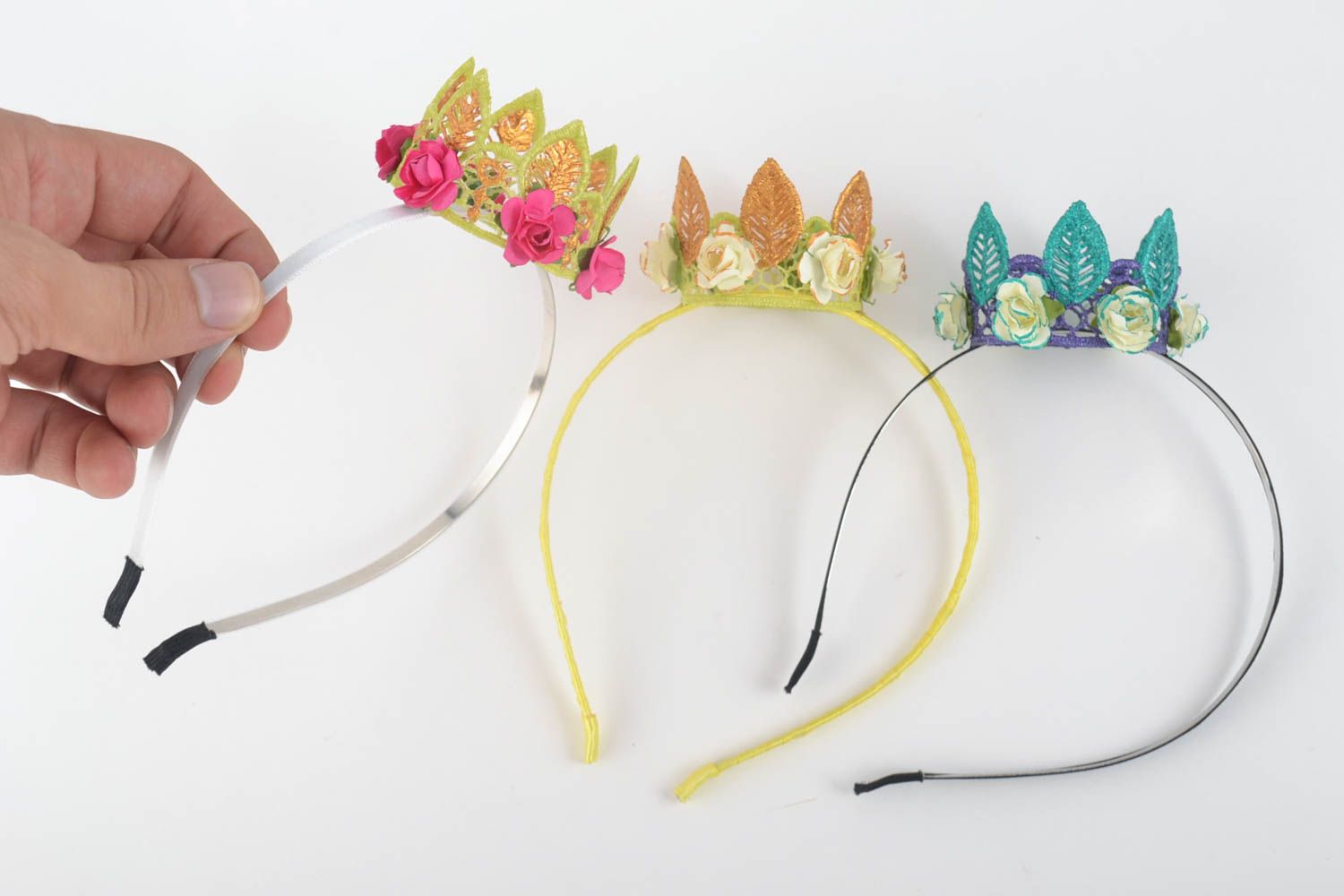 Unusual handmade diadem crown hair band designer hair accessories 3 pieces photo 4