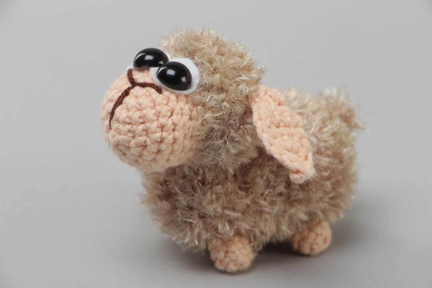Handmade small soft toy crocheted of acrylic threads beige lamb for children photo 2
