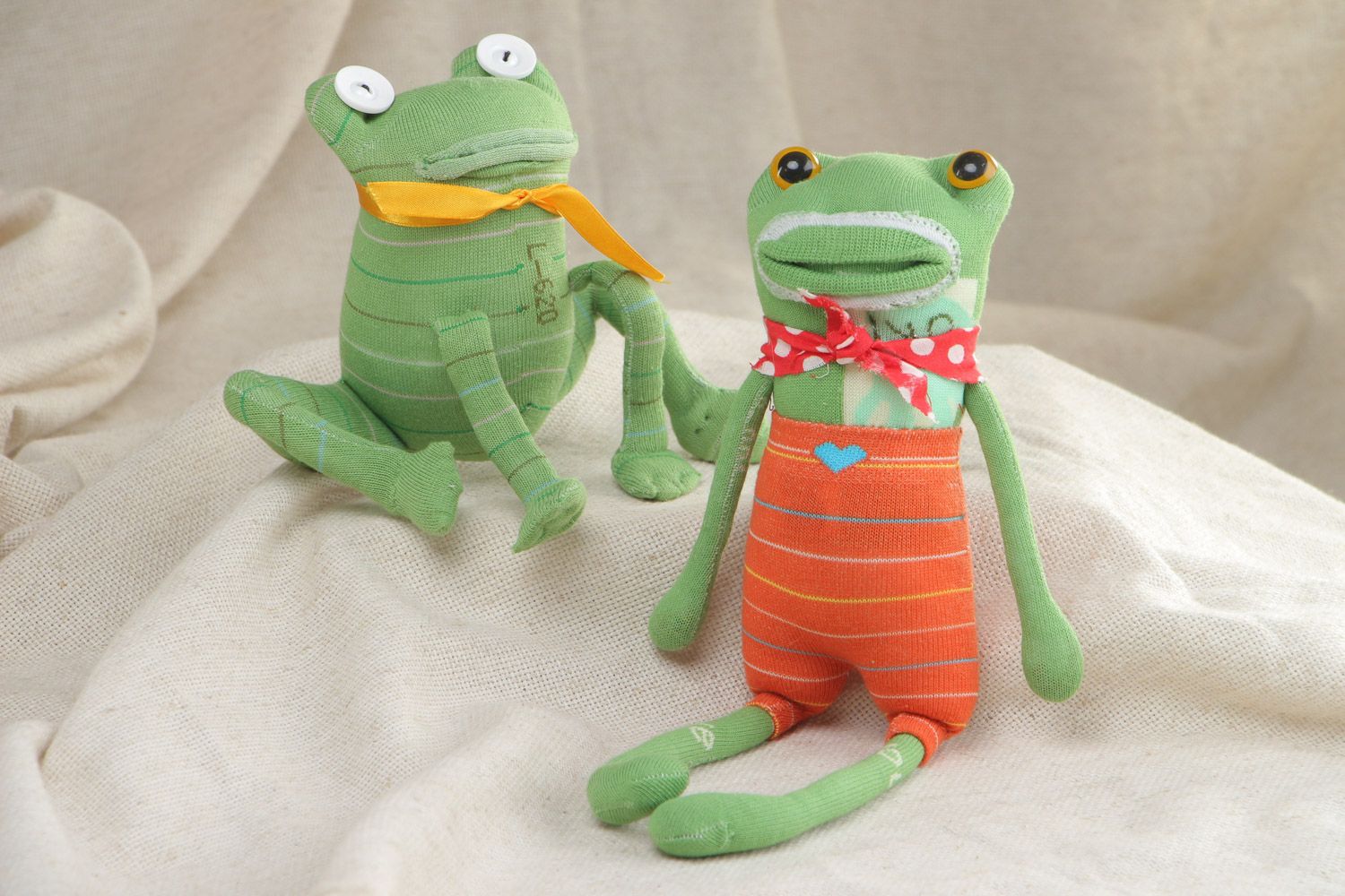 Set of handmade soft sock toys for children Funny Green Frogs 2 items photo 1