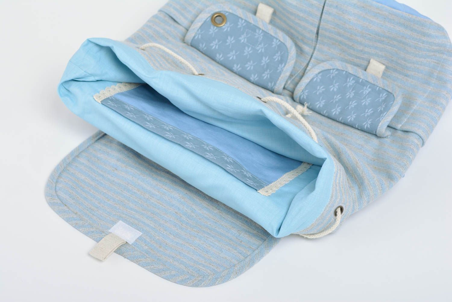 Handmade blauer Rucksack mit Streifen mit Taschen aus Baumwollstoff für Alltag foto 4