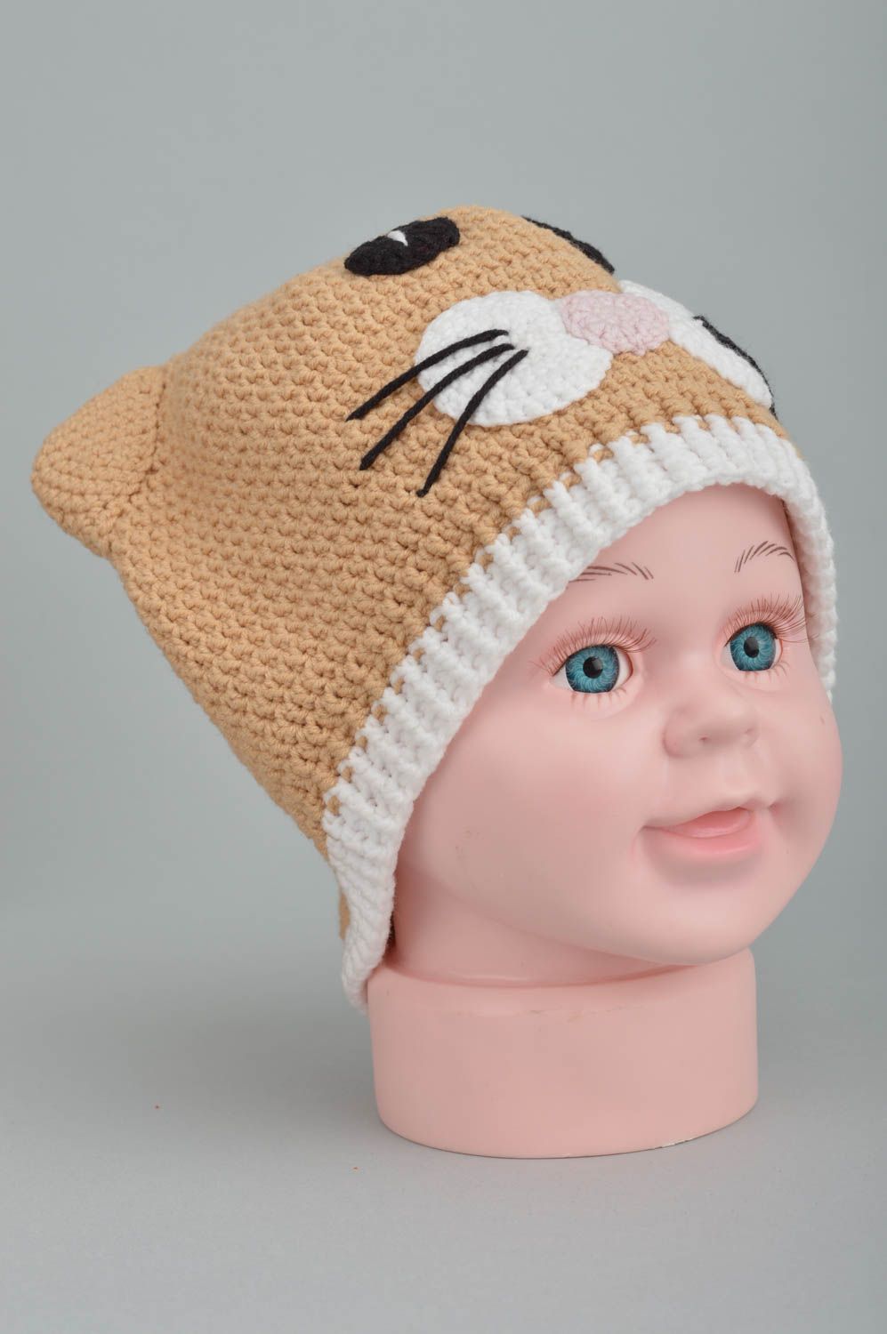 Cappello carino a uncinetto fatto a mano accessorio gatto da bambini beige foto 5