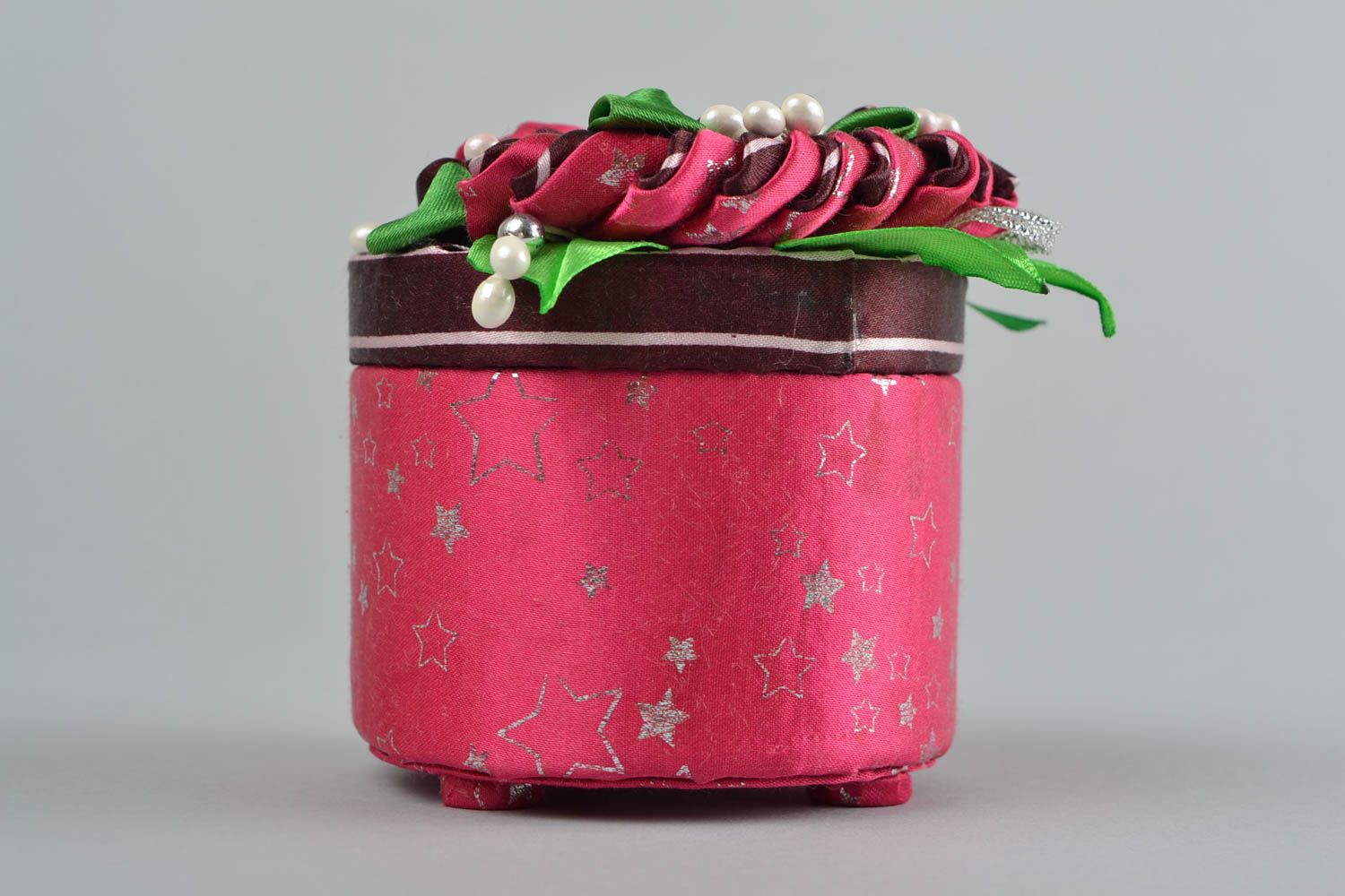 Beautiful handmade designer round carton box with kanzashi satin ribbon flowers photo 3