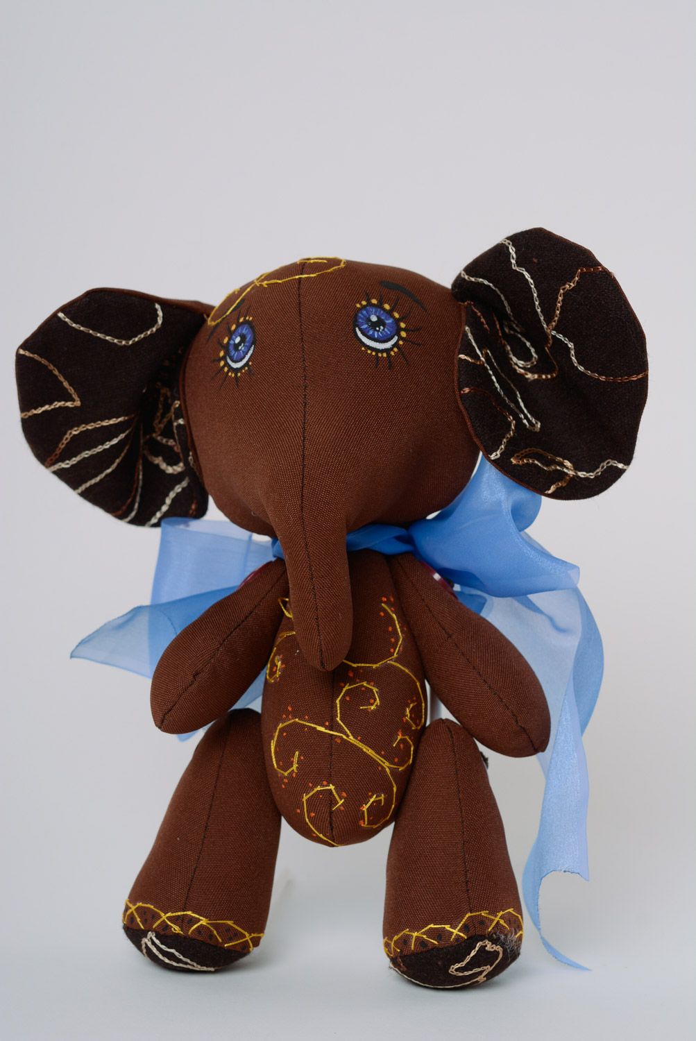 Handmade brown fabric soft toy elephant with bow and painting photo 2