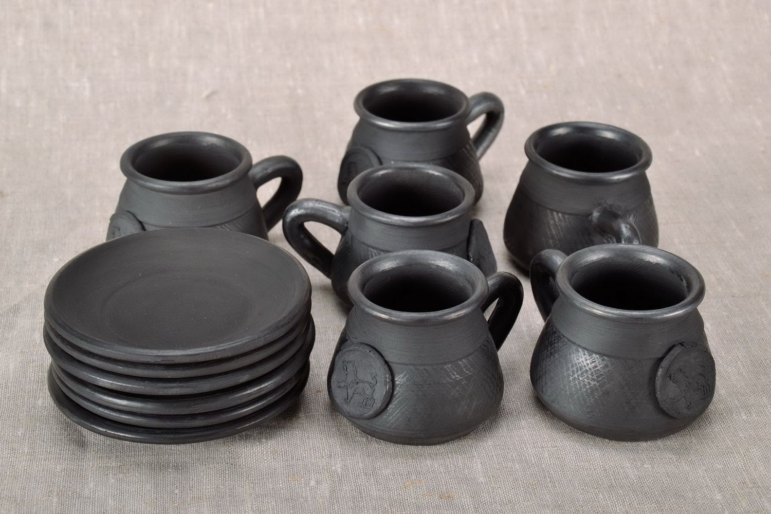 Set of 6 six black smoked clay 2 oz espresso coffee cups with handles and saucers  photo 3