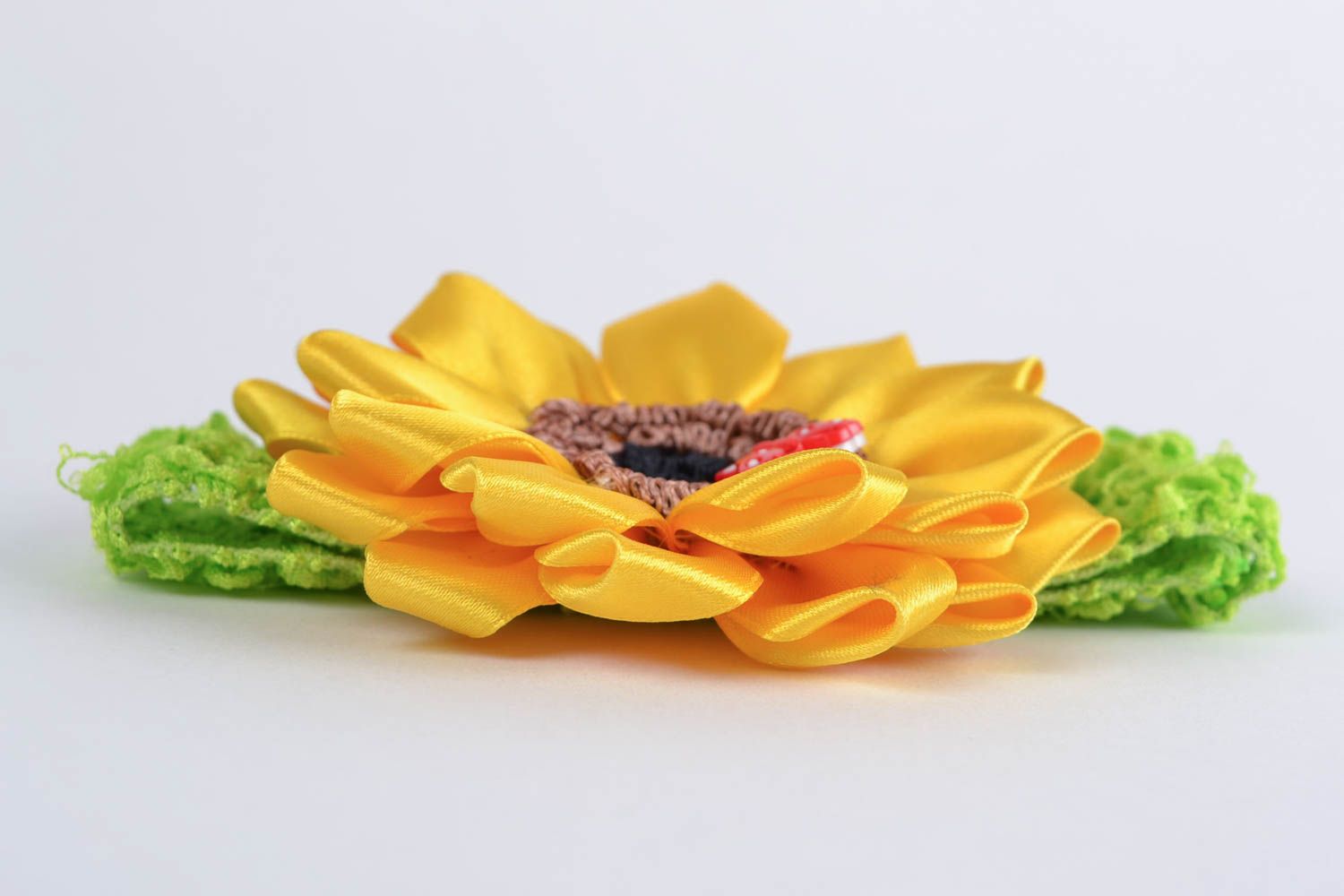 Handmade designer green headband with yellow satin ribbon kanzashi sunflower photo 4